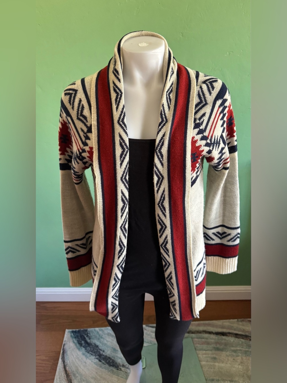 Pink Owl Cream Red Southwestern Pattern Open Front Cardigan Sz M